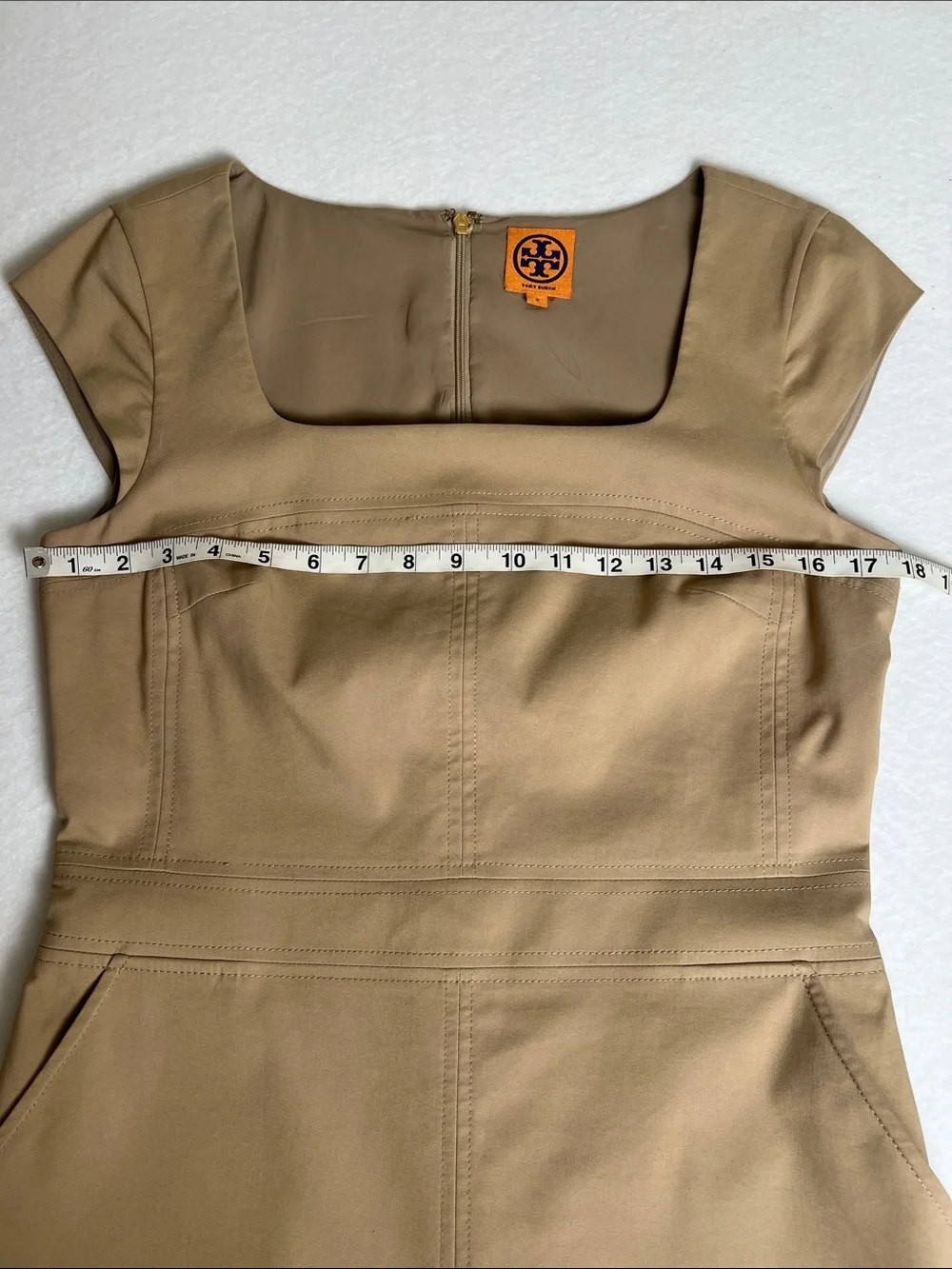 Tory Burch Tan Square Neck Cap Sleeve Sheath Dress Pockets Size 8
